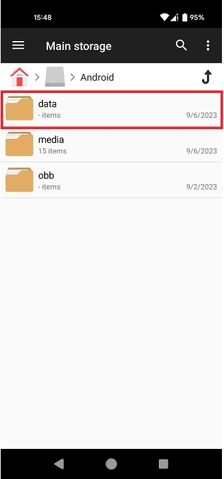 Clicking on "data" folder in File Manager app.