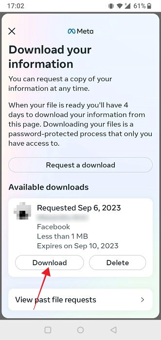 Tapping "Download" button to acquire Facebook data in mobile app.