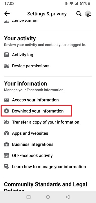 Pressing "Download your information" button in Facebook mobile.