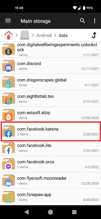 Tapping on facebook folder in File Manager app.