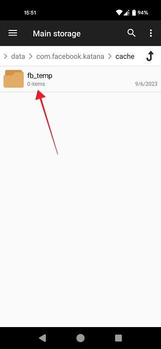 "Fb_temp" folder view in File Manager app.