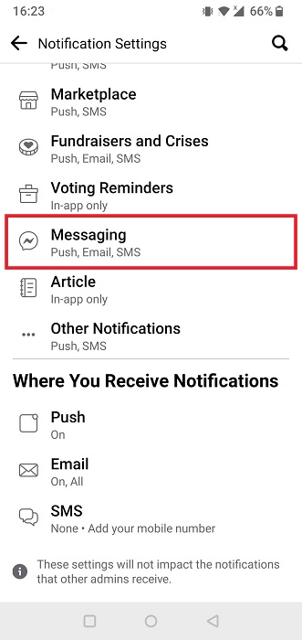 Clicking on "Messaging" in Notification Settings in Facebook mobile app,