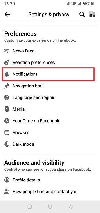 Selecting "Notifications" from "Preferences" section in Facebook mobile app.