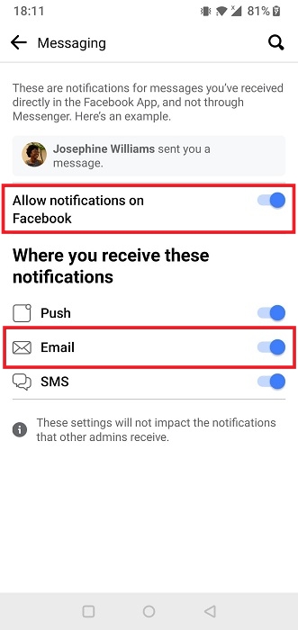 Checking toggles are enabled under Notifications for Messaging in Facebook mobile app.