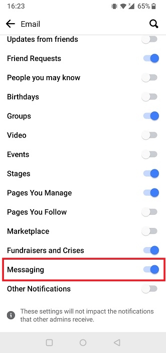 Messaging toggle on in in Facebook mobile app.