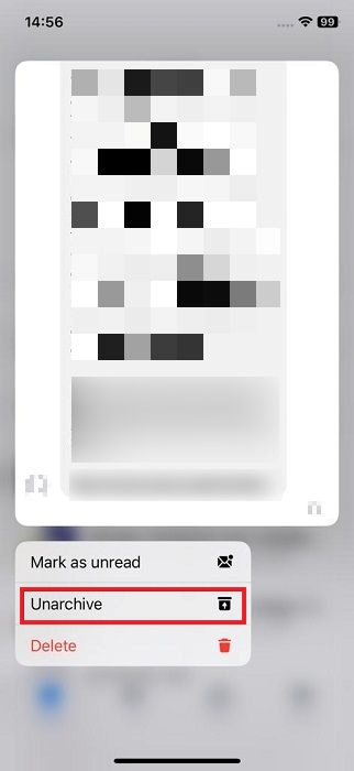 Selecting "Unarchive" button in Messenger app.