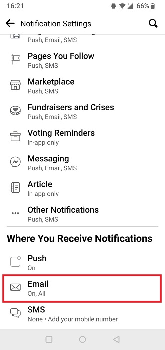 Tapping on "Email" in "Where you receive notifications" section in Facebook mobile app.