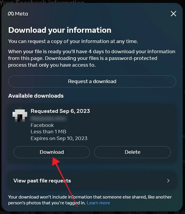 Clicking "Download" button to get Facebook data in web version of Facebook.