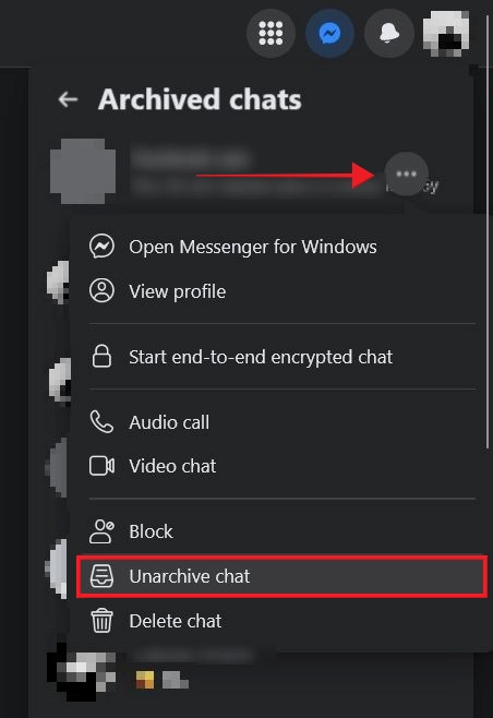 Selecting "Unarchive chat" option in web version of Facebook.