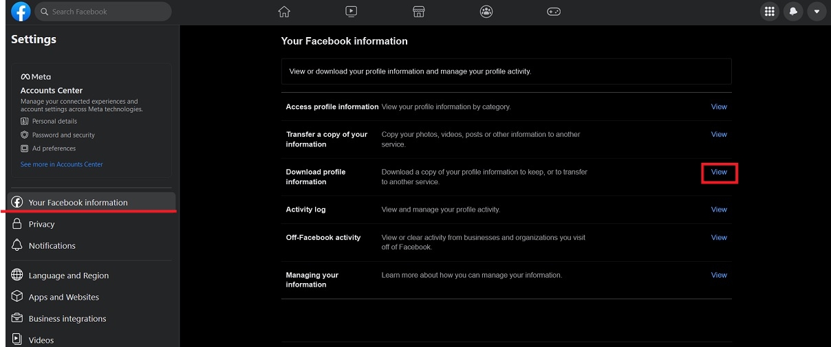 Clicking on "View" button next to "'Download profile information" in the web version of Facebook.