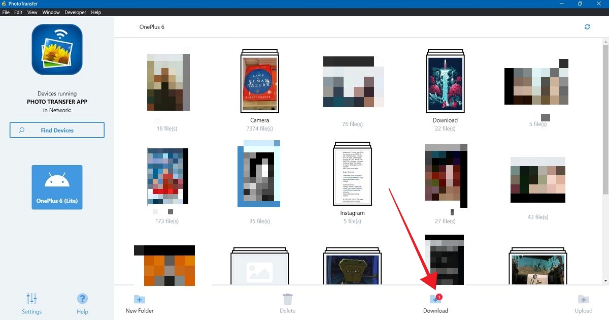 Clicking "Download" button in PhotoTransfer app. 