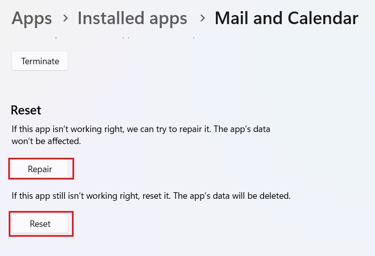 Clicking the "Repair" button followed by "Reset" in Installed apps.