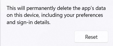 Clicking 'Reset" in pop-up to confirm resetting of app.