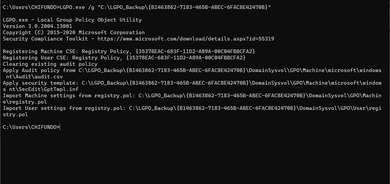Restoring a backup of the Local GPO settings in Command Prompt.