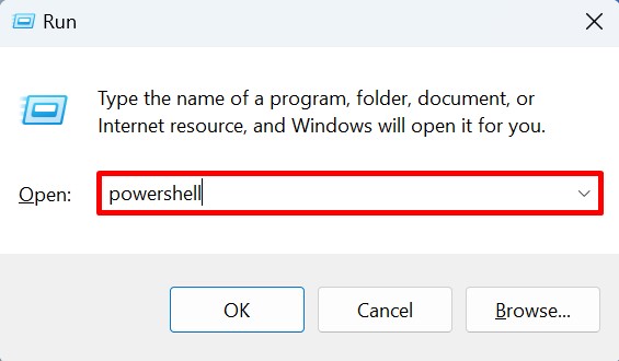 Opening PowerShell using the Run utility in Windows.
