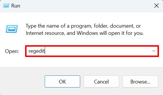 Launching the Registry Editor using the Run utility in Windows.