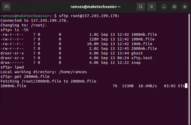 scp-sftp-differences-which-to-use-sftp A terminal showing the SFTP prompt transferring files from a remote server back to a local machine.