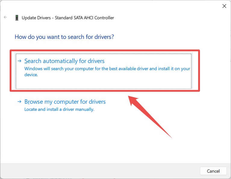 Searching for drivers automatically on Windows.