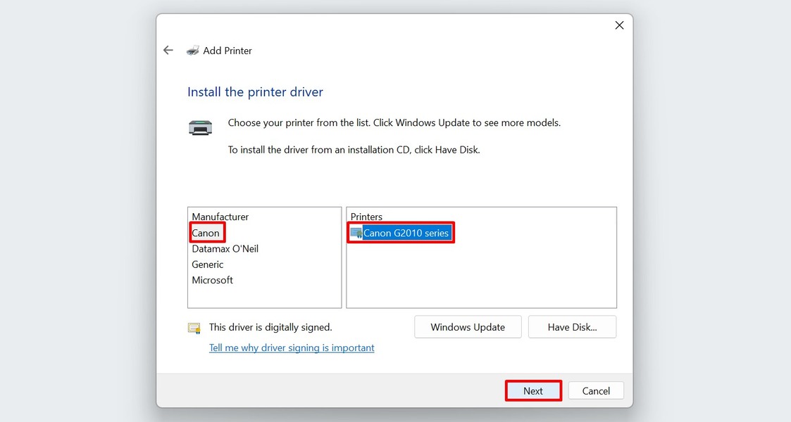 Proceeding with the selected printer driver to add a local printer on Windows