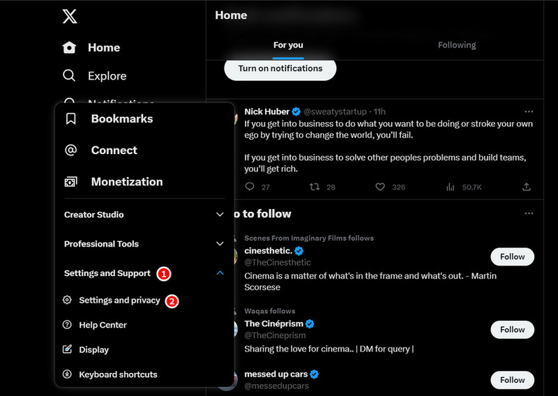 Clicking Settings and Privacy in Twitter browser
