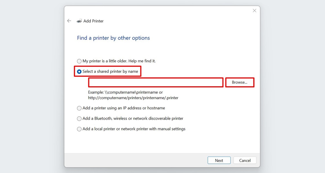 Adding a shared printer to Windows.