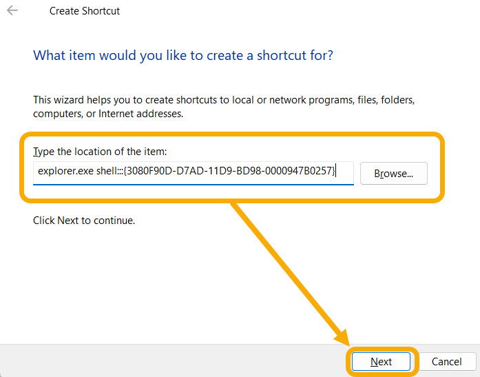 Adding code to "Location" window in "Create Shortcut" window.