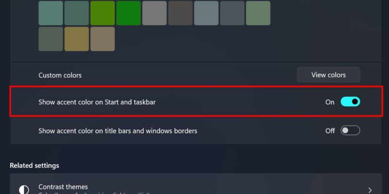 Enabling "Show accent color on Start and taskbar" option in Windows Personalization. 