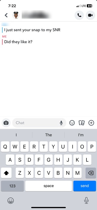 SNR message view on Snapchat,