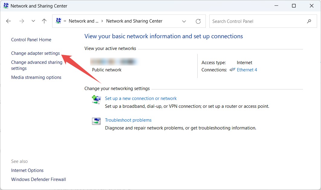 Clicking "Change adapter settings" link in Control Panel.