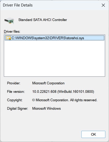 The Driver Details For Sata Controller On Windows
