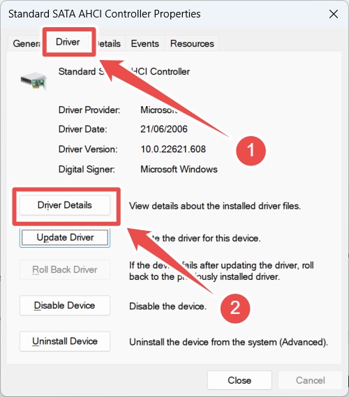 Clicking the "Driver Details" option In SATA Controller Properties.
