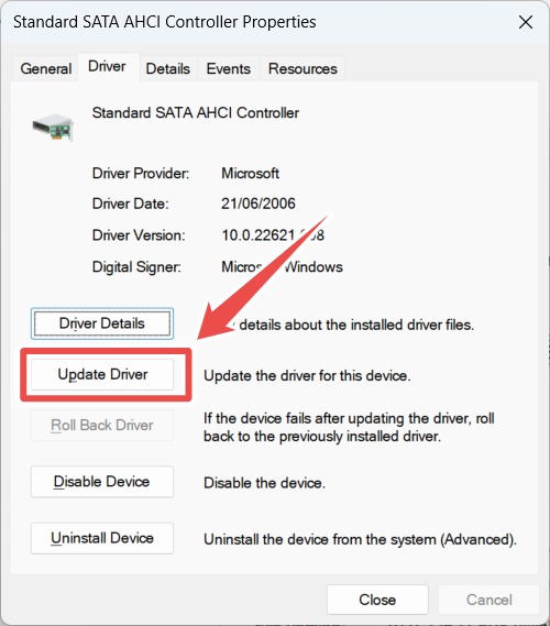 Clicking the "Update Driver" option in SATA Controller Properties.