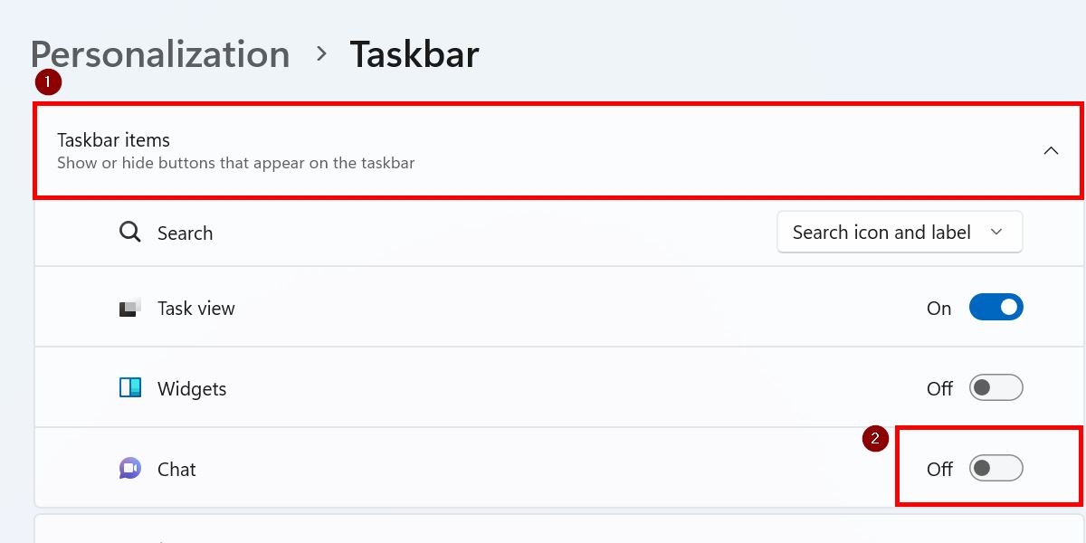 Opening the Taskbar items drop-down and turning off the Windows 11 chat feature