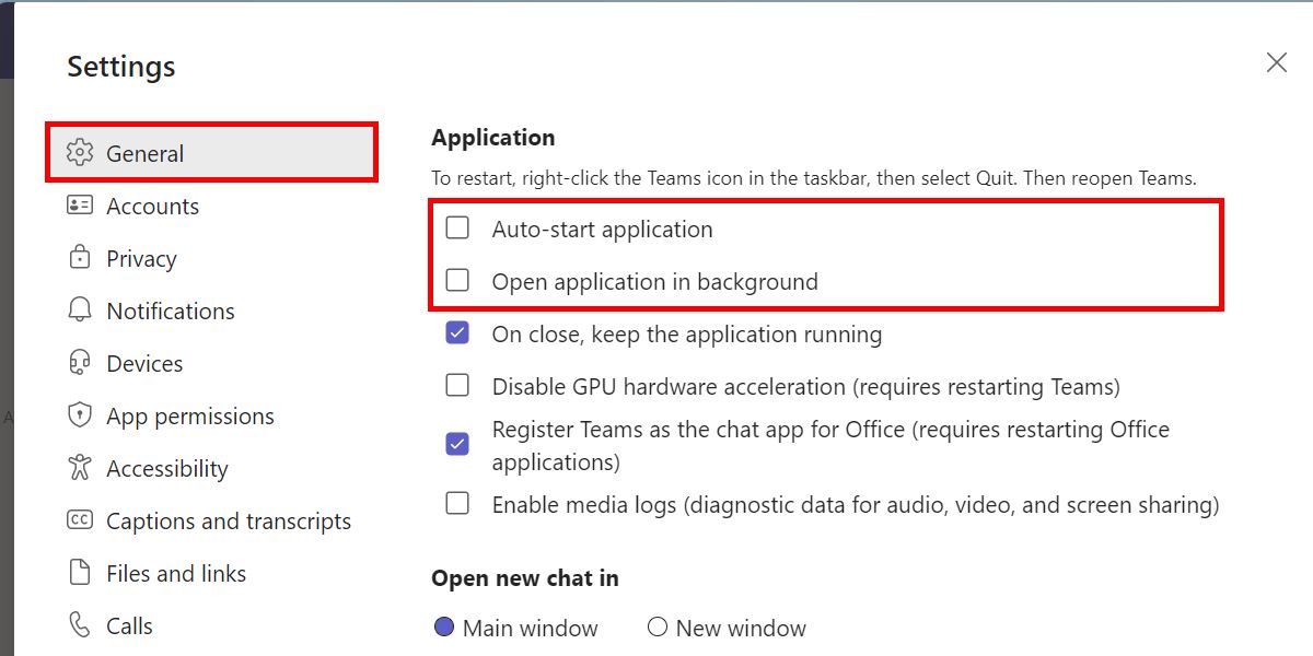 The General tab in Teams Settings dialog, highlighting the toggled off options for auto-start and background run