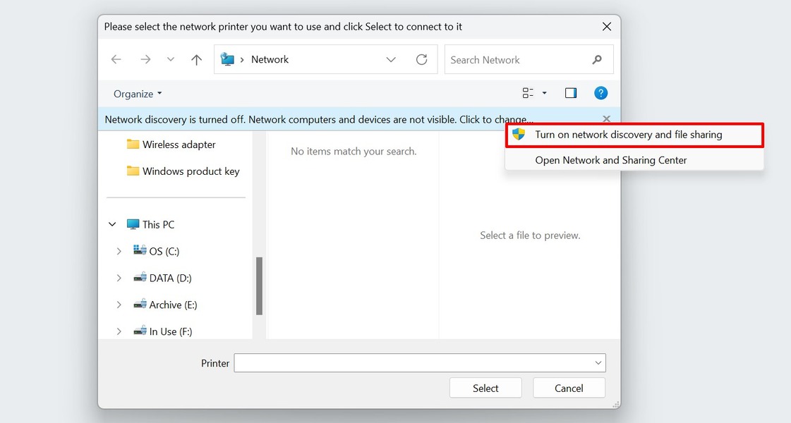 Turning on network discovery and file sharing for Windows