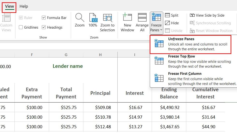Opting to "Unfreeze panes" in Excel.