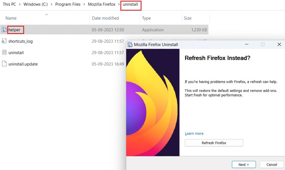 Launching uninstaller file via File Explorer.