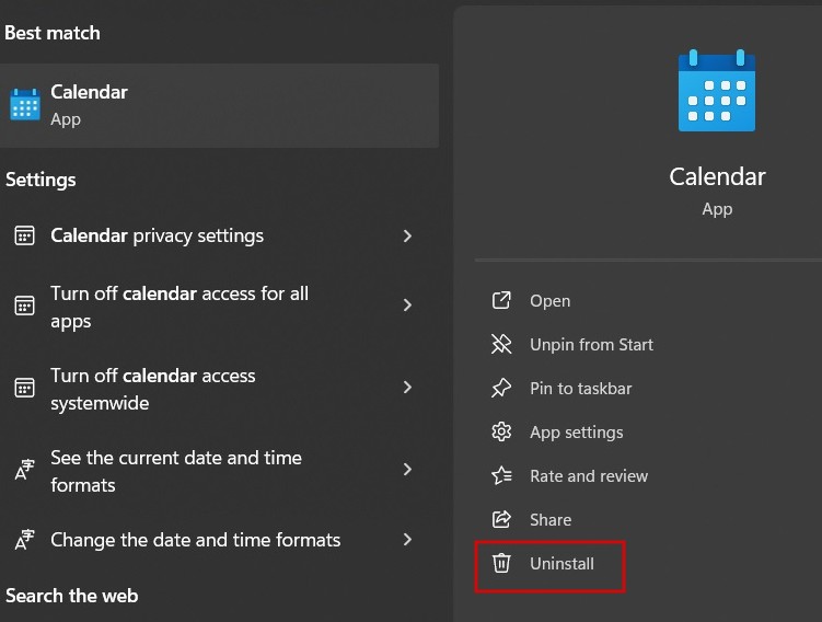 Clicking Uninstall button for Calendar app.