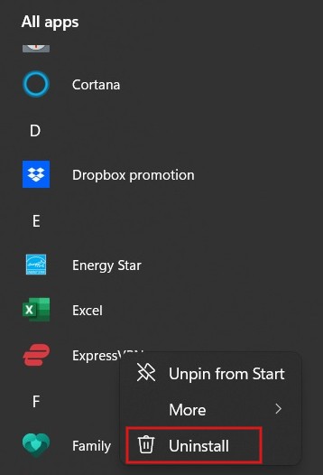 Clicking "Uninstall" in list of apps from the Start menu. 