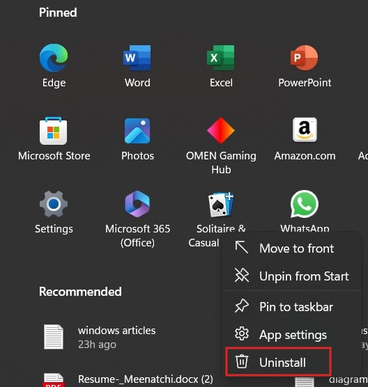 Uninstalling pinned up from the Start menu.