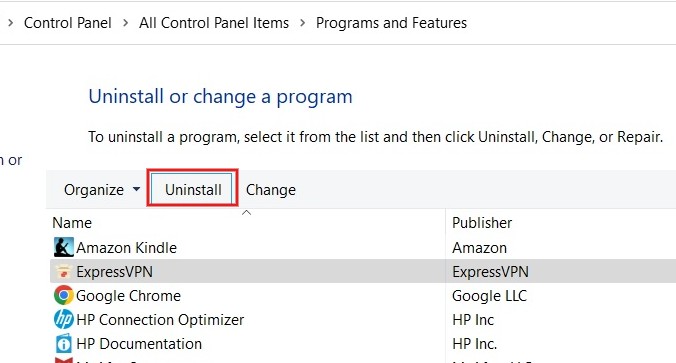 Clicking "Uninstall" on a program in Control Panel. 