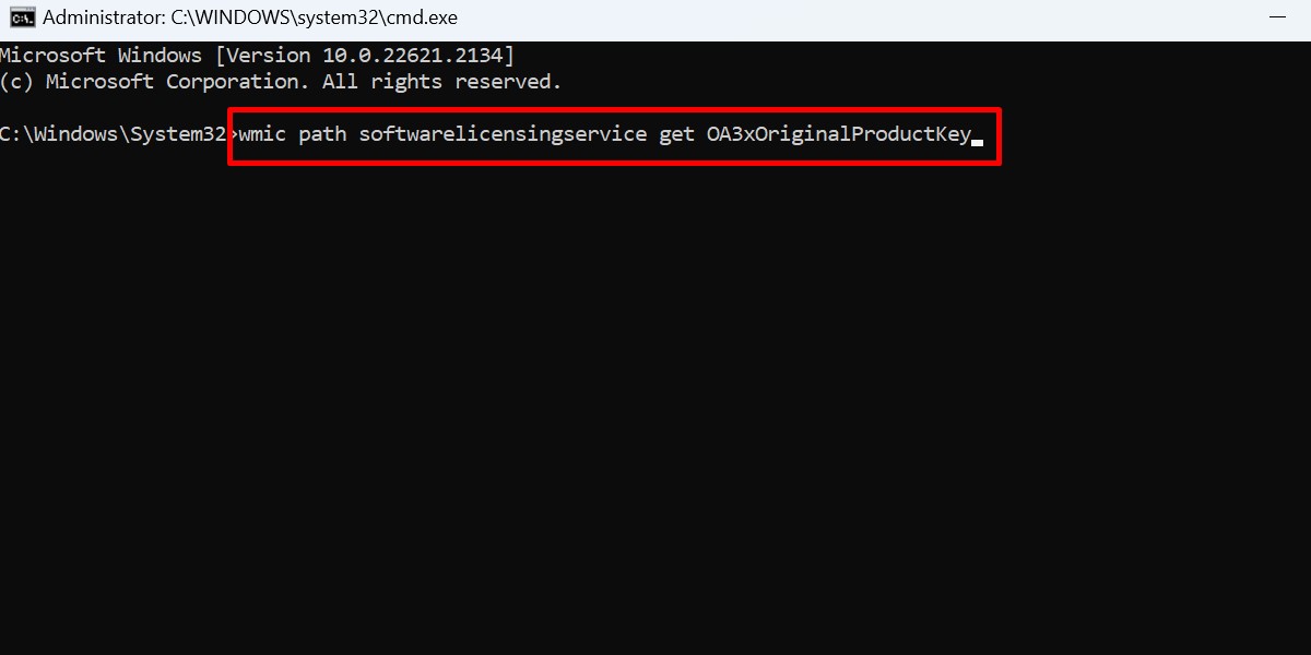 Running a command in cmd to retrieve the product key of a Windows PC.
