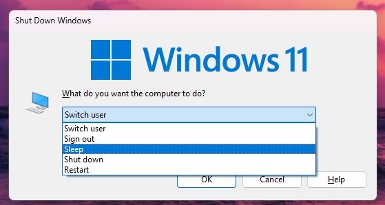 Selecting "Sleep"' from Shut Down menu.