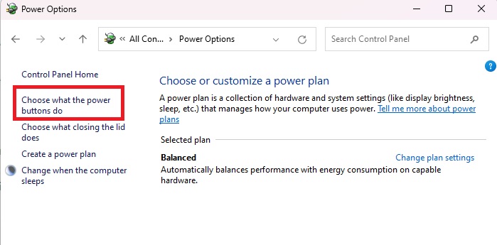 Selecting "Choose what the power buttons do" in Control Panel. 