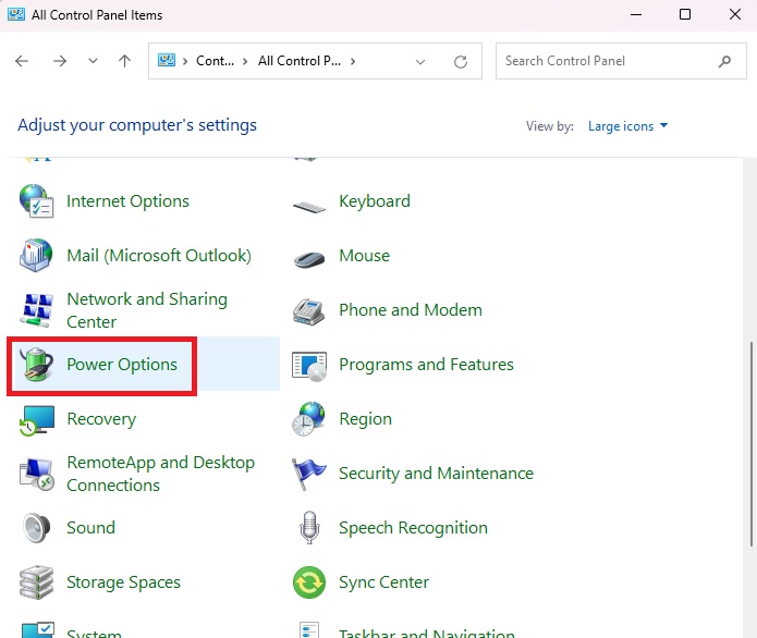 Selecting "Power options" from Control Panel.