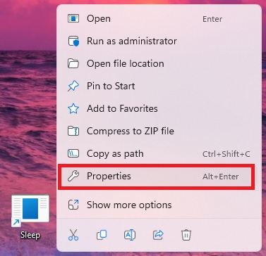 Clicking "Properties" in shortcut context menu.
