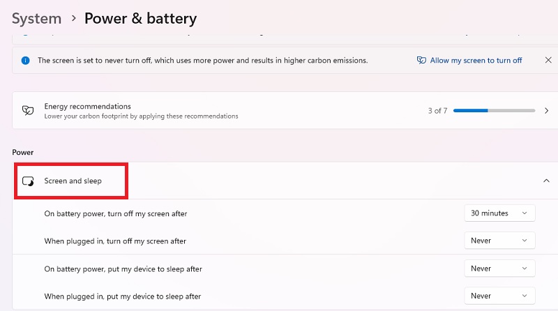 Expanding "Screen and sleep" section in Windows Settings.
