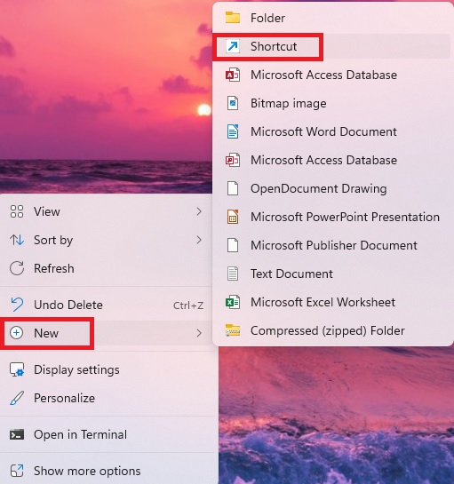 Creating new shortcut on desktop on Windows PC.