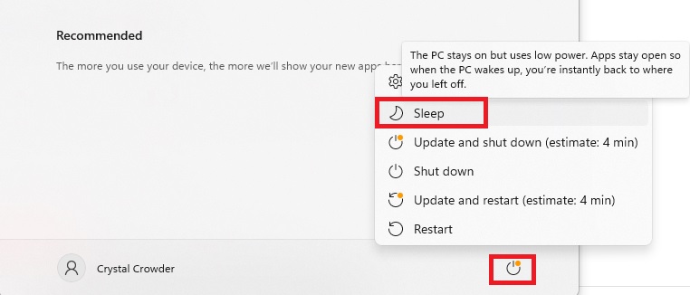 Clicking on "Sleep" from the Start menu. 