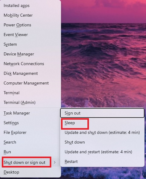 Selecting "Sleep" option from WinX menu.